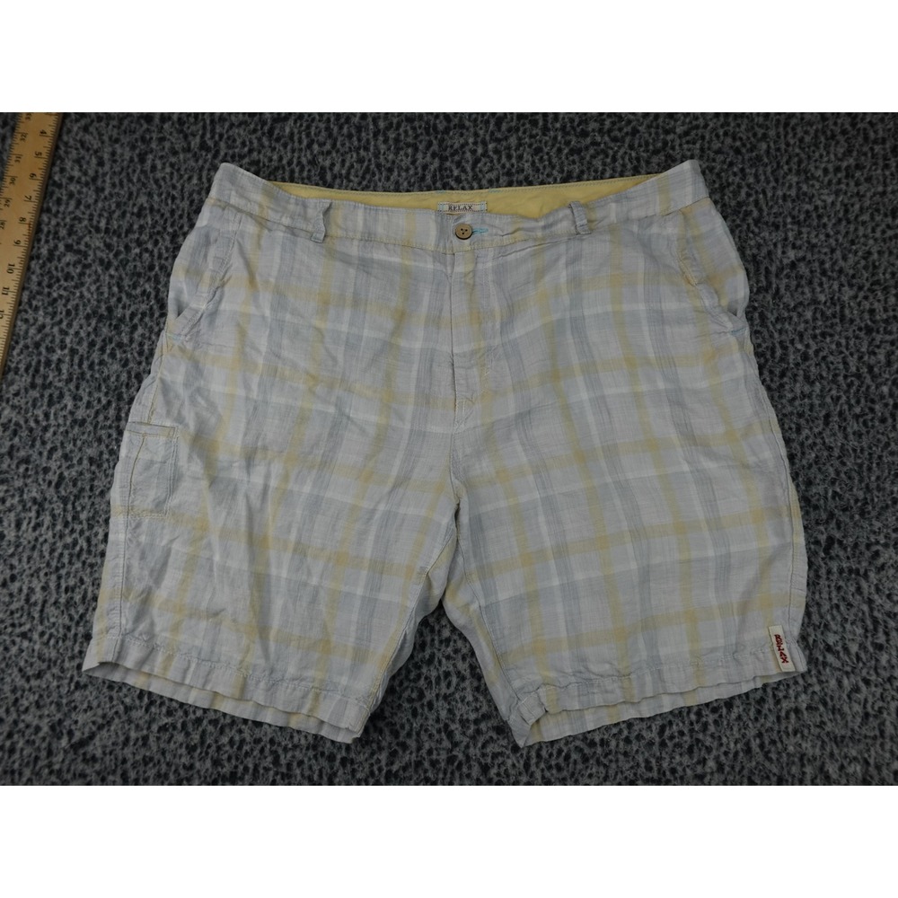 Tommy Bahama Relax Shorts Mens 40 Blue Yellow Plaid 100% Linen Casual Cargo